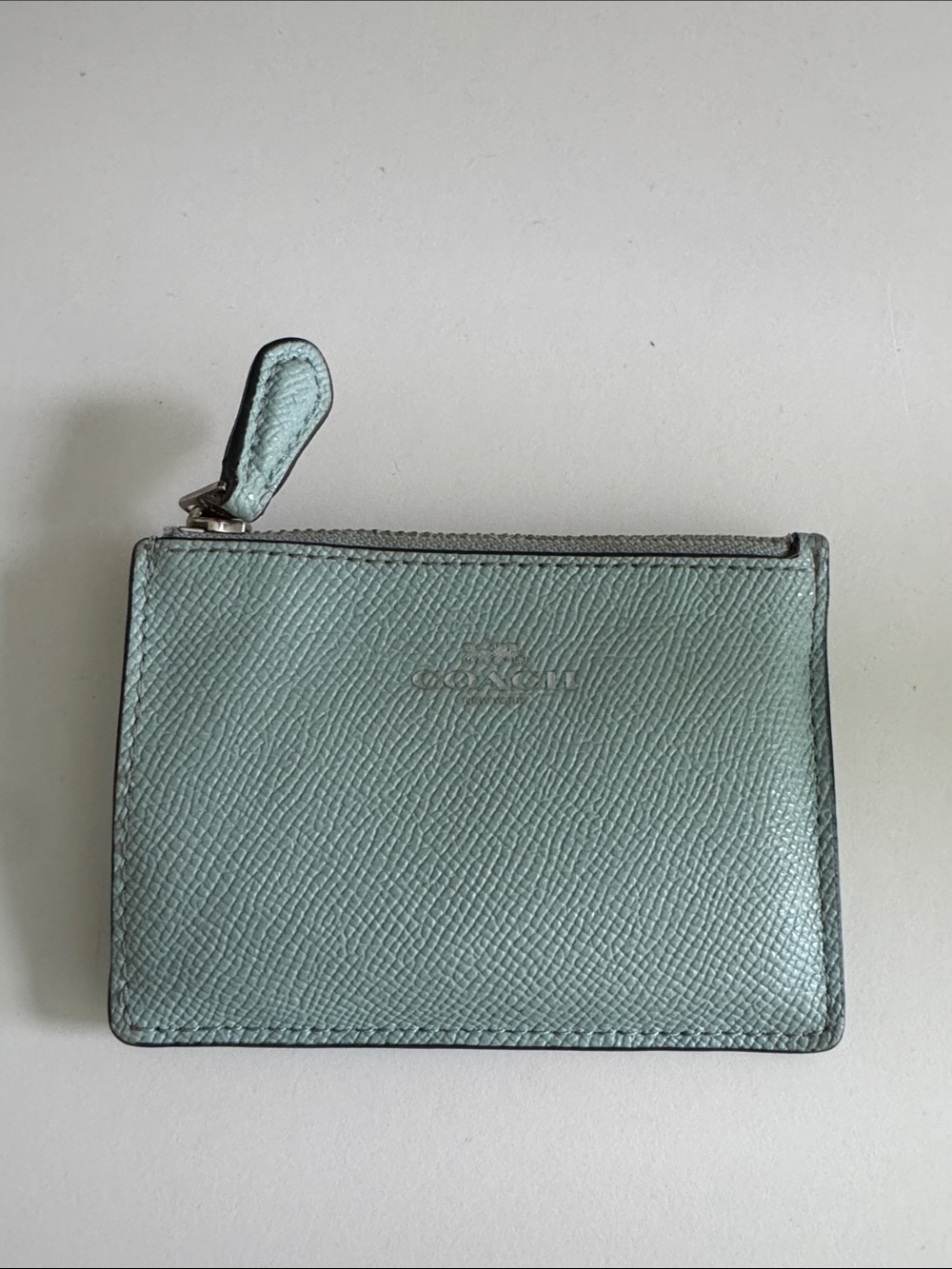 Coach Pebbled Leather Zip Card Case in Mint Green